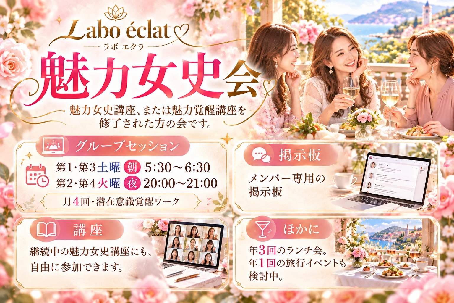 Labo éclat 魅力女史会 ── 魅力女史講座、または魅力覚醒講座を修了された方の会です。グループセッション 第1・第3土曜 朝5:30〜6:30／第2・第4火曜 夜20:00〜21:00（月4回・潜在意識覚醒ワーク）、メンバー専用の掲示板、継続中の魅力女史講座にも自由に参加、年3回のランチ会