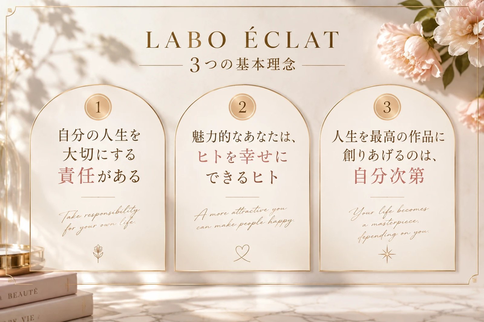 LABO ÉCLAT 3つの基本理念 ── 1 自分の人生を大切にする責任がある ／ 2 魅力的なあなたは、ヒトを幸せにできるヒト ／ 3 人生を最高の作品に創りあげるのは、自分次第