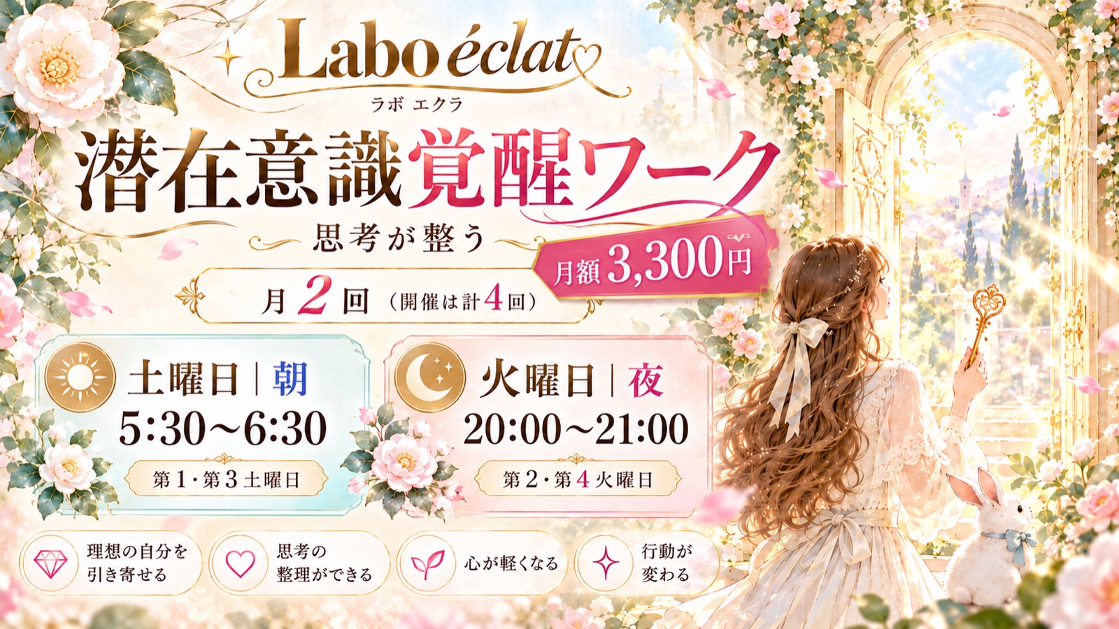 Labo éclat 潜在意識覚醒ワーク ── 思考が整う。月額3,300円。月2回（開催は計4回）。土曜日 朝5:30〜6:30（第1・第3土曜日）／火曜日 夜20:00〜21:00（第2・第4火曜日）。理想の自分を引き寄せる・思考の整理ができる・心が軽くなる・行動が変わる